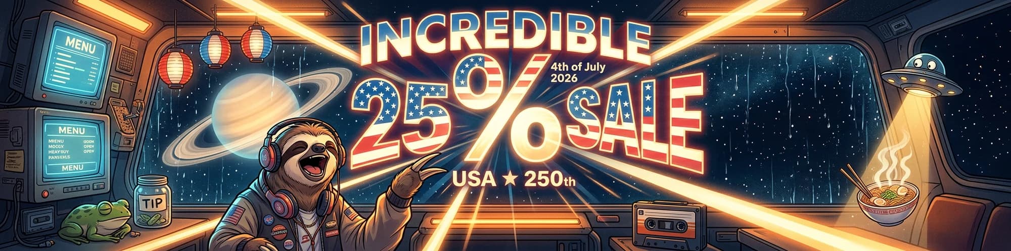 Neon-chrome 25 percent sale sign in a deep-space cabin, cosmonaut sloth in the foreground, Saturn behind — Independence Day collection