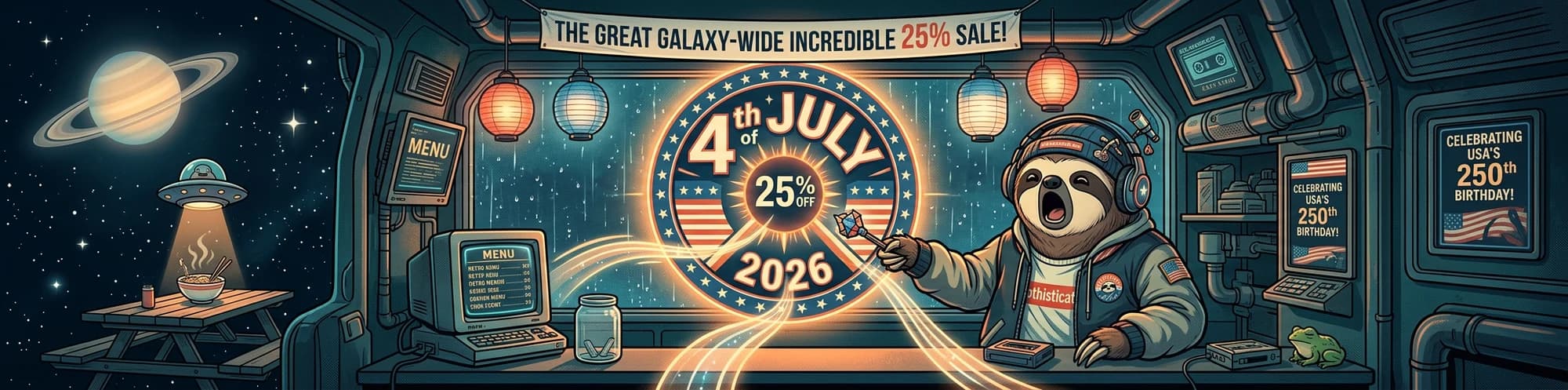 Cosmonaut sloth in a deep-space diner — chrome 4TH OF JULY 2026 medallion, Saturn through the porthole, 25 percent off the Independence Day collection